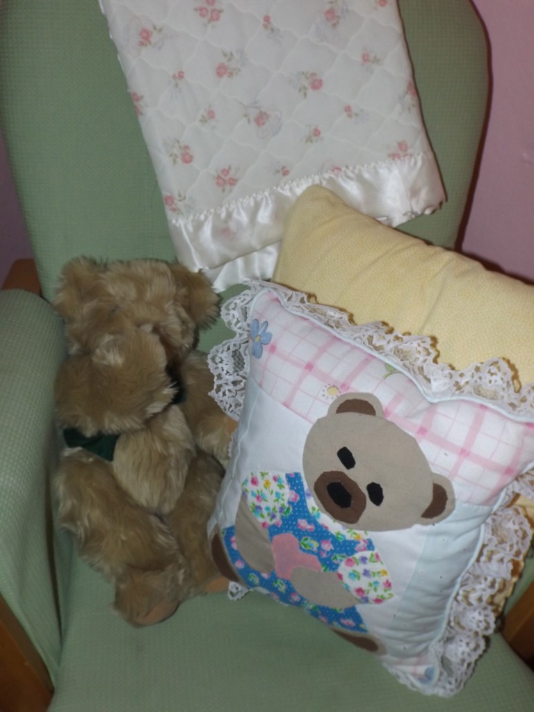 Glider and friends...how cute is that bear pillow I thrifted?!