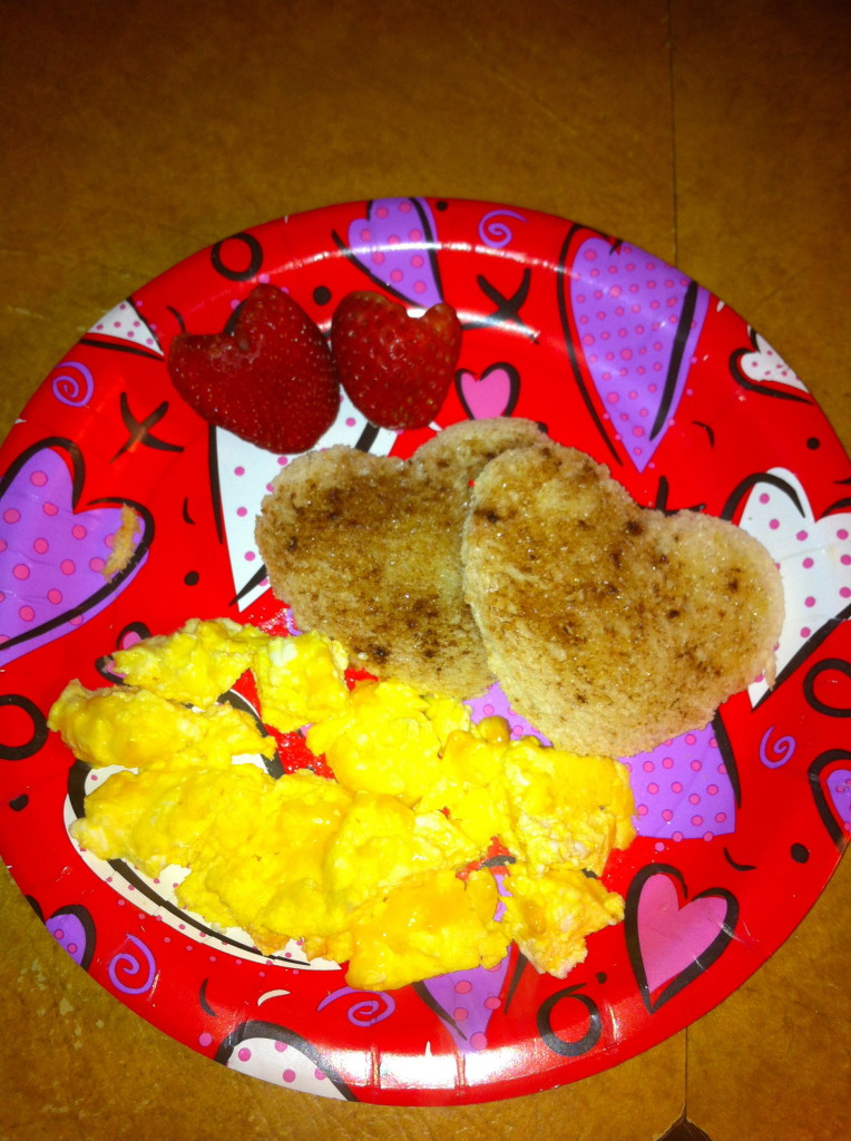 Strawberry hearts, sugar/cinnamon love toast and scrambled eggs!